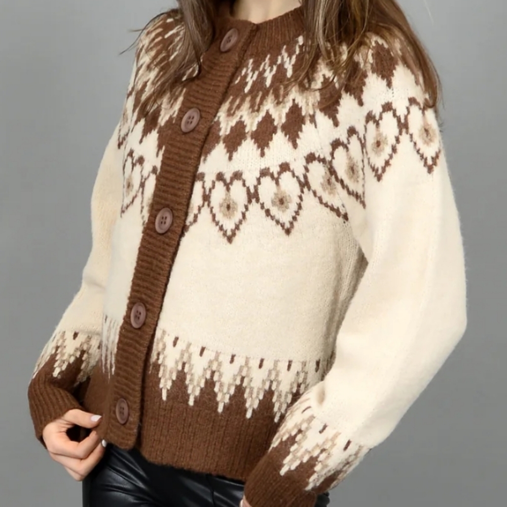 L🤎Chic Nordic Pattern Chalet Cardigan in Brown and Cream